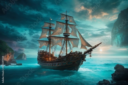 Envision a captivating scene of a mystic pirate ship adrift on the enchanting turquoise waters of a magical realm. Image created using artificial intelligence. © kapros76