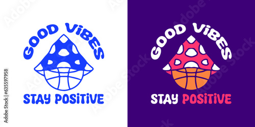 Basketball and mushroom with good vibes typography, illustration for logo, t-shirt, sticker, or apparel merchandise. With doodle, retro, groovy, and cartoon style.