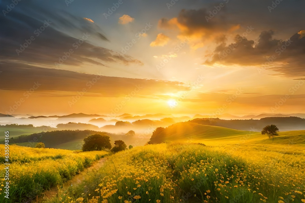 Obraz premium sunset field landscape of yellow flowers and grass meadow warm golden hour sunset sunrise time