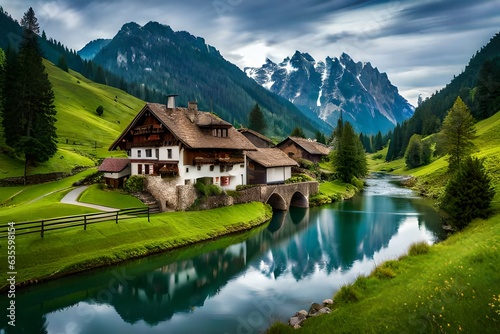 Swiss landscape with river stream and houses © Zohair