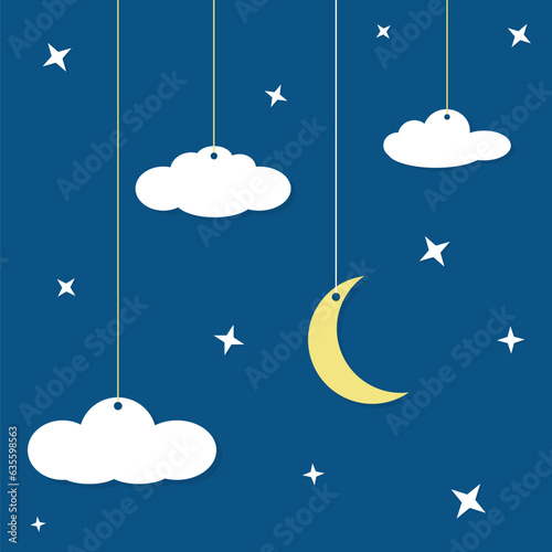 Sky with paper clouds, moon and stars background flat style