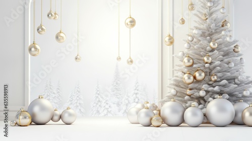 Christmas white background with christmas balls and decorations, elegant white style christmas, winter sale background