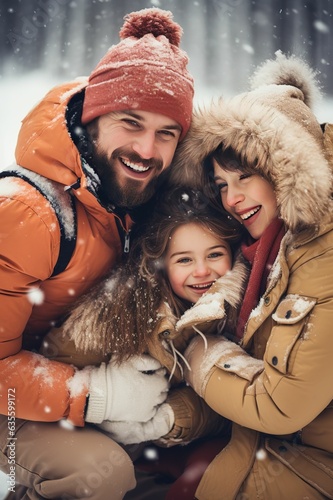 Mom and dad playing with their daughter in the snow, family playing in the snow, winter holiday outdoor activities