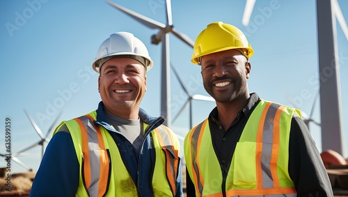 A team of workers in helmets and vests, engineers and inspectors of wind generators and turbines.