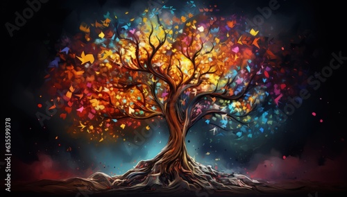 Futuristic Organic Fantasy Colorful Tree in Ultra-Detailed Artwork - Dark Colors with Bold & Vibrant Leaves. AI Generate