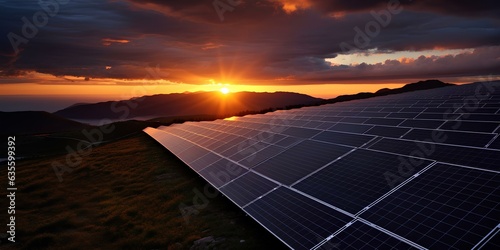 Fields with solar panels at sunset, alternative energy.