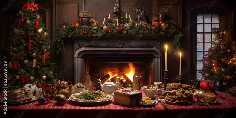 Christmas illustration, a festive table with food in a cozy room against the background of a fireplace.