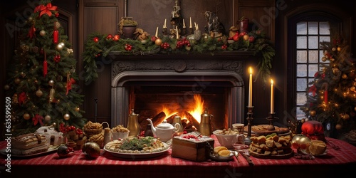 Christmas illustration  a festive table with food in a cozy room against the background of a fireplace.