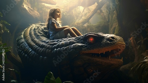 A little girl in the jungle sitting on a giant snake. photo