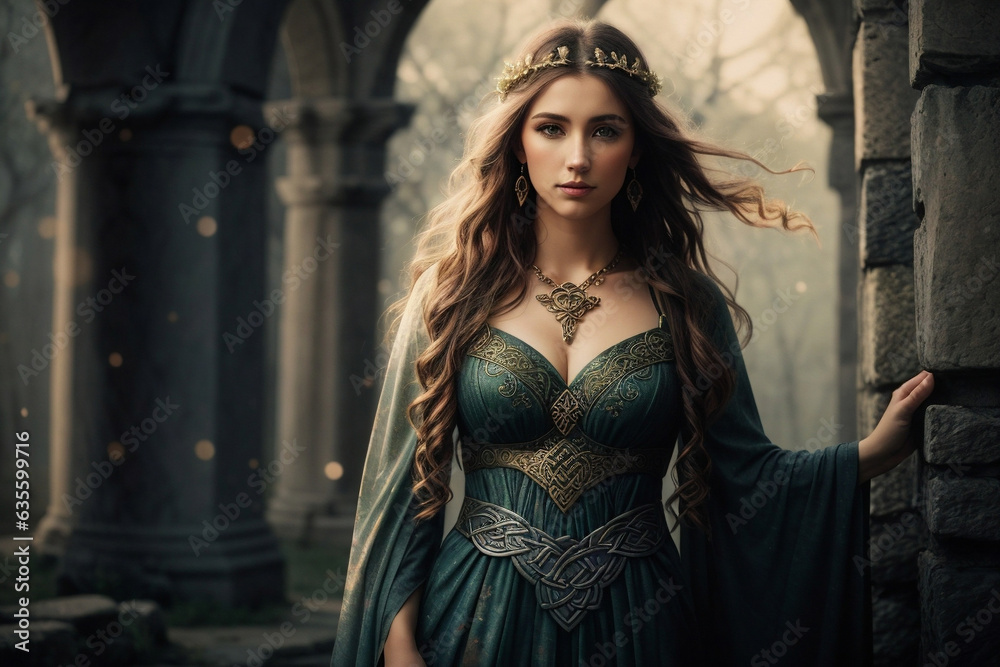Fototapeta premium Poster Design of celtic warrior woman with Flowing Dress with Celtic Knot and Jewelry, Stone Ruins in thew background. Image created using artificial intelligence.