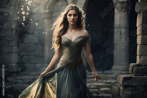 Poster Design of celtic warrior woman with Flowing Dress with Celtic Knot and Jewelry, Stone Ruins in thew background. Image created using artificial intelligence.