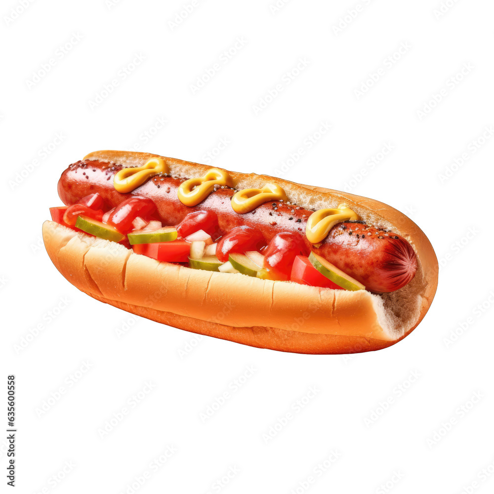 Fresh hot dog with sausage as a convenient snack isolated on transparent background Fresh hot dog with sausage as a convenient snack isolated on transparent background