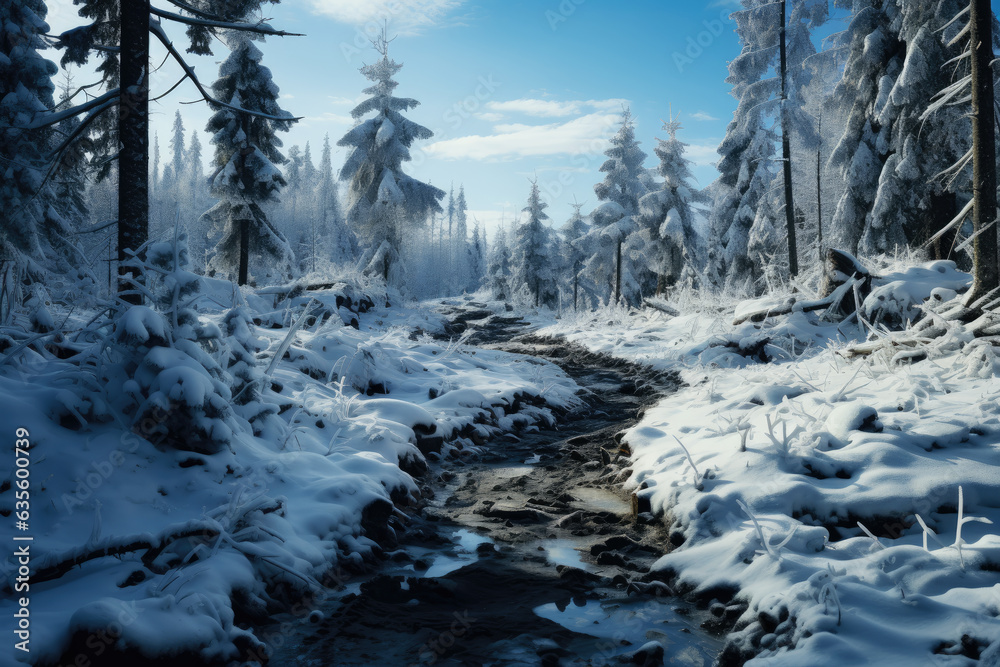 Freezing river in a snowy winter forest, snow and ice in nature, beautiful winter landscape Freezing river in a snowy winter forest, snow and ice in nature, beautiful winter landscape