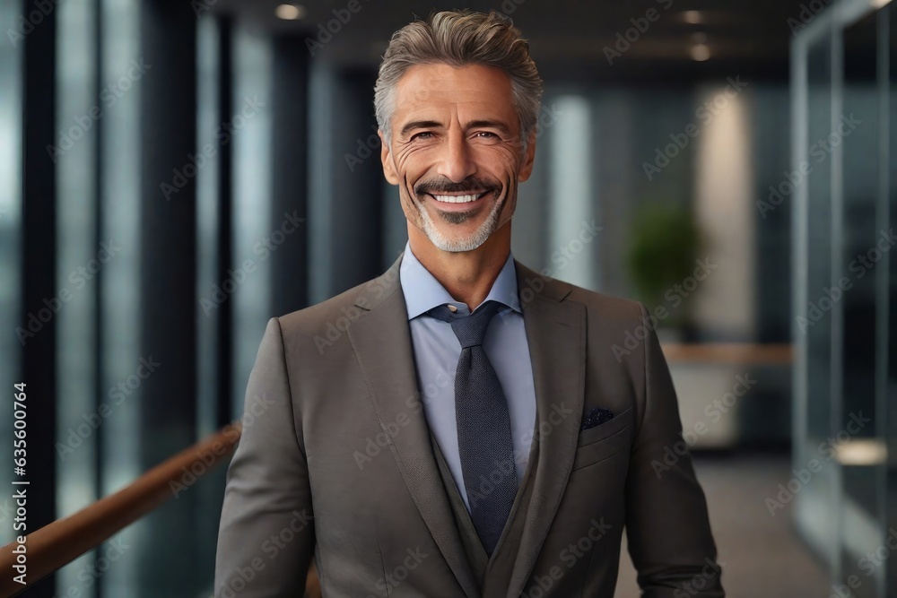 Fototapeta premium Happy handsome proud stylish mid aged mature professional business man ceo, successful confident smiling good looking male executive wearing suit standing in office looking at camera. Ai generated