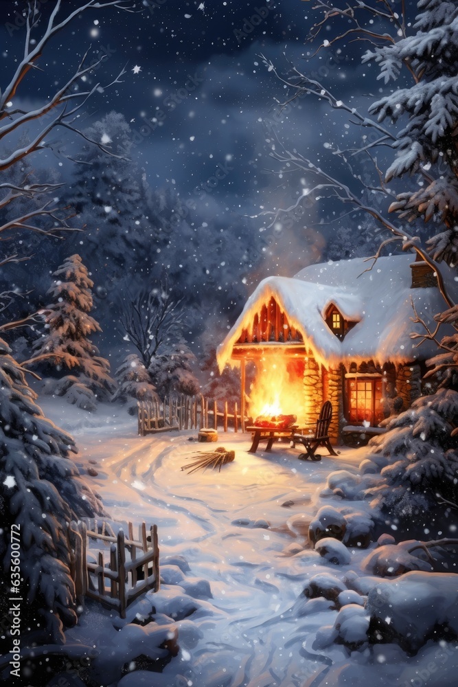 Snowfall with freezing temperatures and crackling fire.