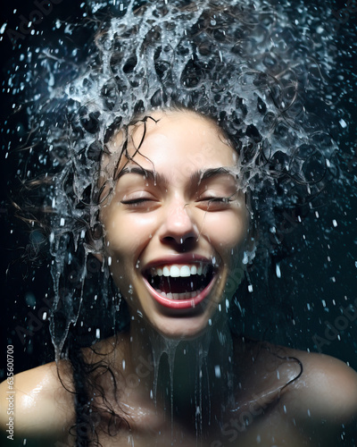 Woman in the shower with water splashing on her head and around her. Looking happy and joyful.  © henjon