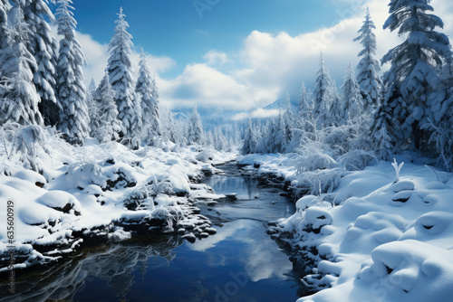 Freezing river in a snowy winter forest  snow and ice in nature  beautiful winter landscape