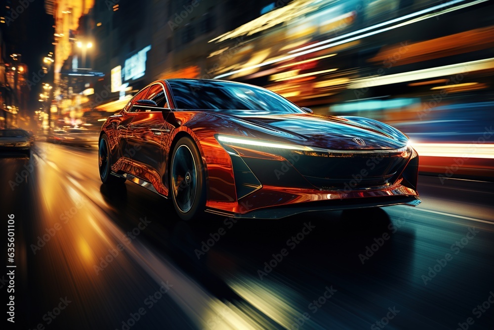 Luxury Futuristic Car at Night. Motion Background. City Night Life. Modern Wallpaper with Orange and Blue Traffic Lights.