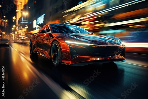 Luxury Futuristic Car at Night. Motion Background. City Night Life. Modern Wallpaper with Orange and Blue Traffic Lights.