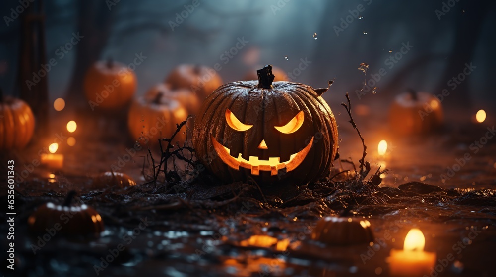 Naklejka premium Halloween Pumpkin In Spooky Forest At Night