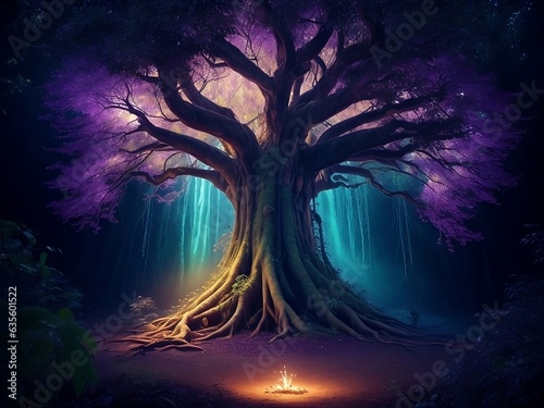a majestic tree in the heart of the magical jungle with its roots aglow with enchanted energy and its branches reaching up to touch the star