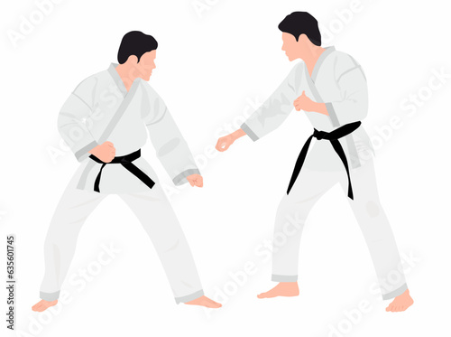 Two or pair of karate player  in fighting pose. Two young athletes of the karate player using martial art skill to participate in competition. Karate player in action. Combat and self defense skill. 
