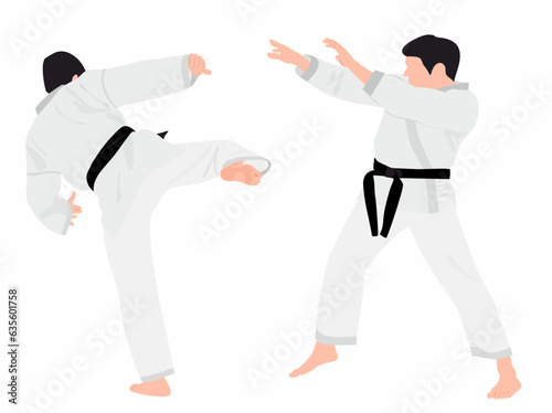 Two or pair of karate player  in fighting pose. Two young athletes of the karate player using martial art skill to participate in competition. Karate player in action. Combat and self defense skill.