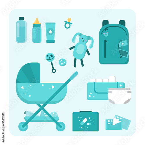 Parenthood essentials for babies vector illustrations set. Baby carrier, stroller, diaper bag, tissue box, stuffed toy, rattles, pacifier and bottle of water. Child care, parenting concept