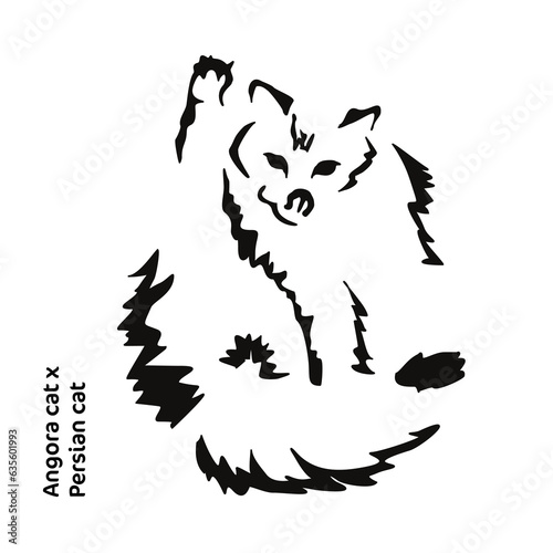 Vector drawing of a stylized cat with long hair. Mix of Angora cat with Persian cat. Animal gestalt design.
