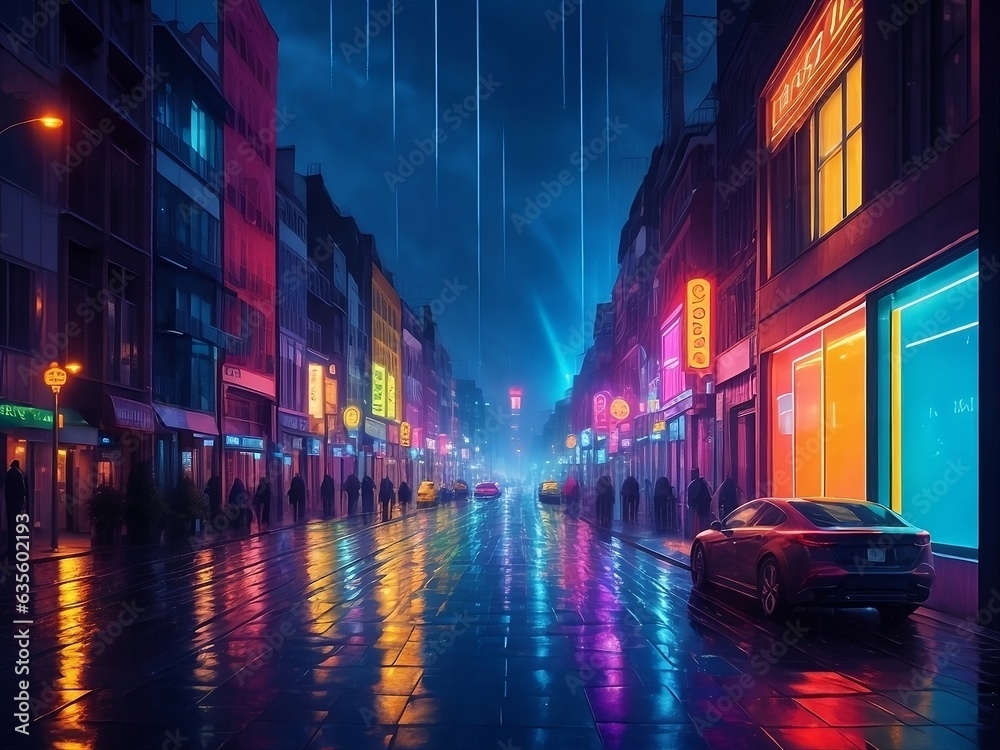 a cityscape at night illuminated by the glowing reflections of rain soaked streets with lights from windows and signs creating a city