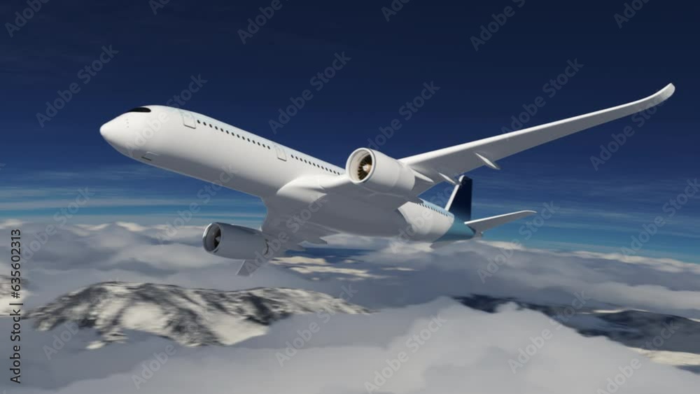 zoom out of a commercial airliner Airplane flying in the sky over snow mountains - aviation concept
