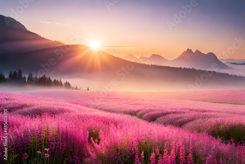 Pink spring flower field, abstract background with blue sky and sunlight