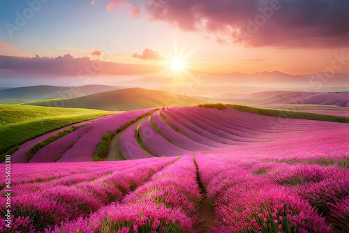 Pink spring flower field  abstract background with blue sky and sunlight