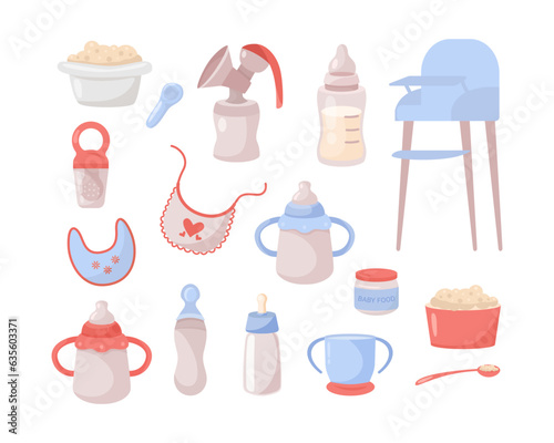 Mealtime accessories for babies vector illustrations set. Porridge bowls, spoons, baby food jar, sippy cups, high chair and feeding bibs on white background. Child care, food concept