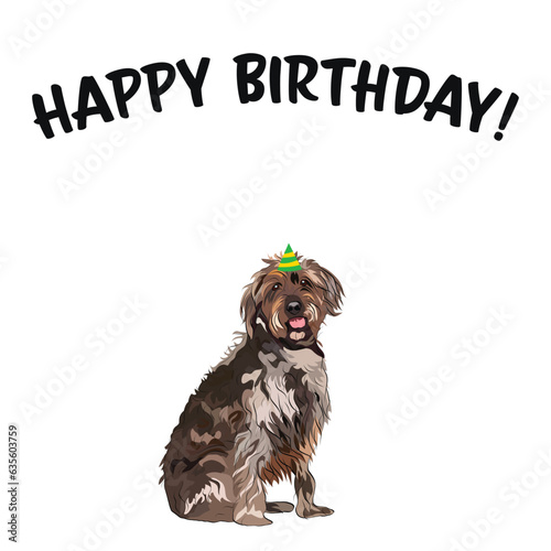Happy birthday card with dog, holiday design. Present for a dog lover. Funny cartoon dog breed illustration.  Minimalistic birthday card with dog. Fun Wirehaired Pointing Griffon breed pet in a hat.