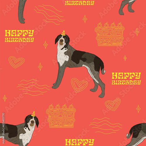 Happy Birthday Pattern with Wirehaired Pointing Griffon dogs in a party hat, seamless Holiday background with birthday elements icons. Repeatable tiles, wrapping paper, orange art deco wallpaper.