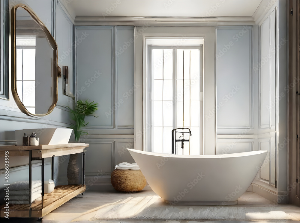 Fototapeta premium Realistic coastal bathroom with beautiful sunlight.