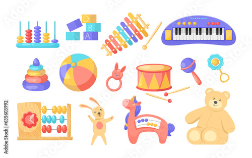 Colorful educational toys for children vector illustrations set. Rattles, stuffed animals, teddy bear, musical instruments, cubes, puzzles and ball. Playtime toys, education, fun concept