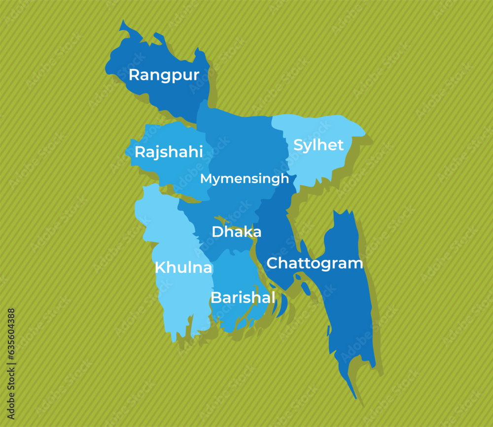 Bangladesh map with names of the regions blue political map green