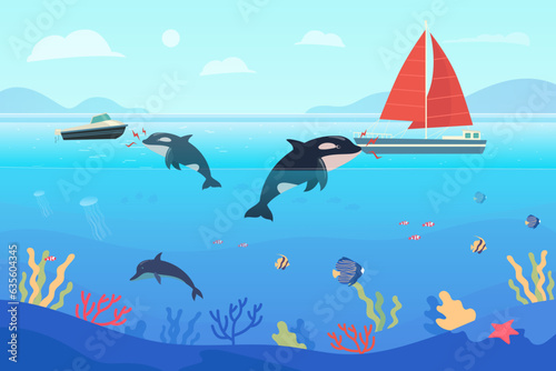 Whales crashing into boats at sea vector illustration. Killer mammals harming tourist boats, causing accidents on water. Ban on boats approaching animals, danger, nature concept