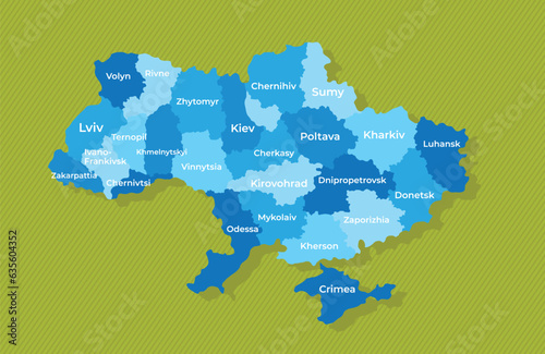 Ukraine map with names of the regions blue political map green background vector illustration