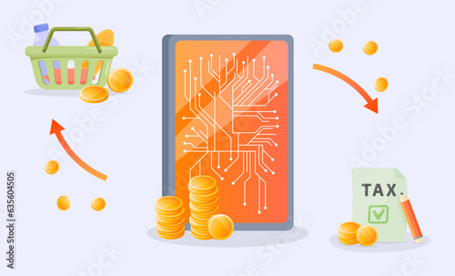 Cryptocurrency scheme on smartphone screen vector illustration. Paying for grocery products, taxes and goods with virtual currency. Digital currency, finance, stock market and trading concept