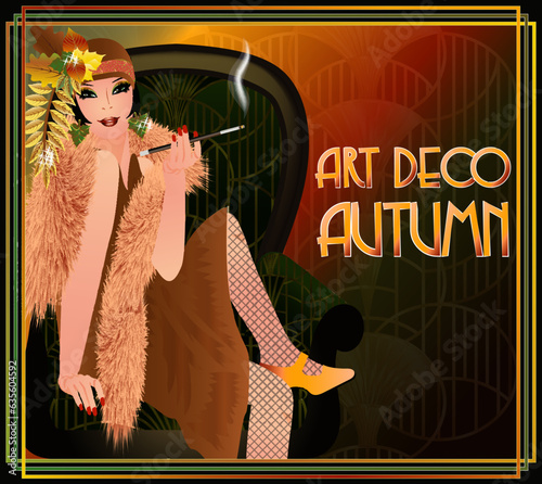Art deco autumn woman , invitation card, vector illustration