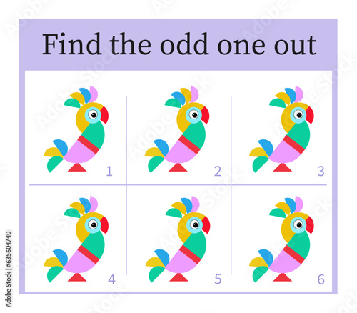 Game for kids. Task for development of attention and logic. Cartoon parrot.