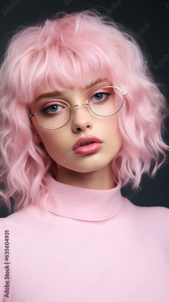 Girl wearing pink glasses. Generative AI