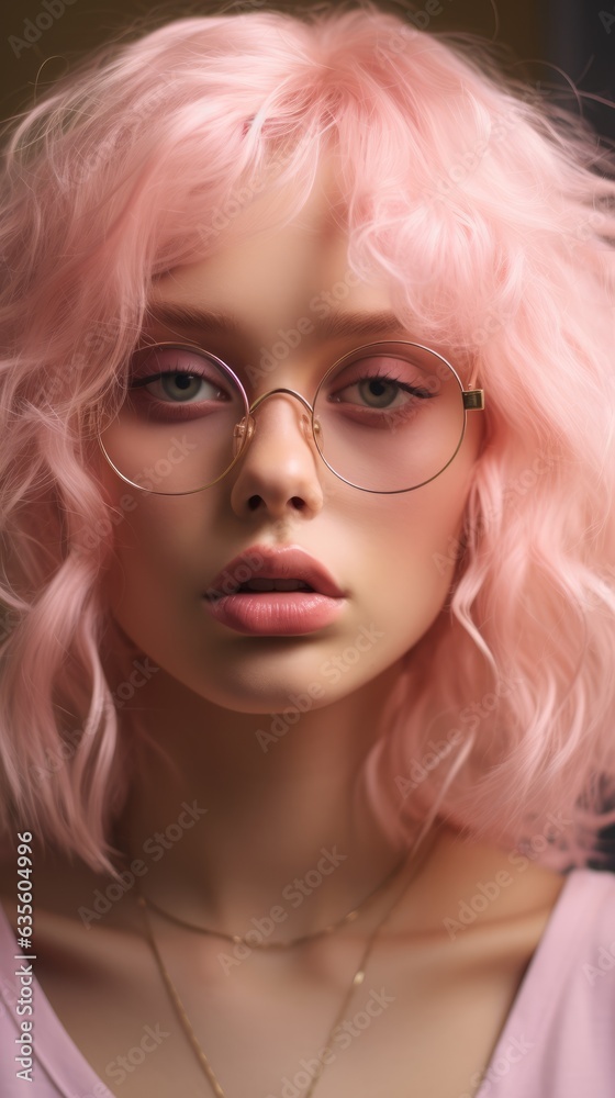 Girl wearing pink glasses. Generative AI