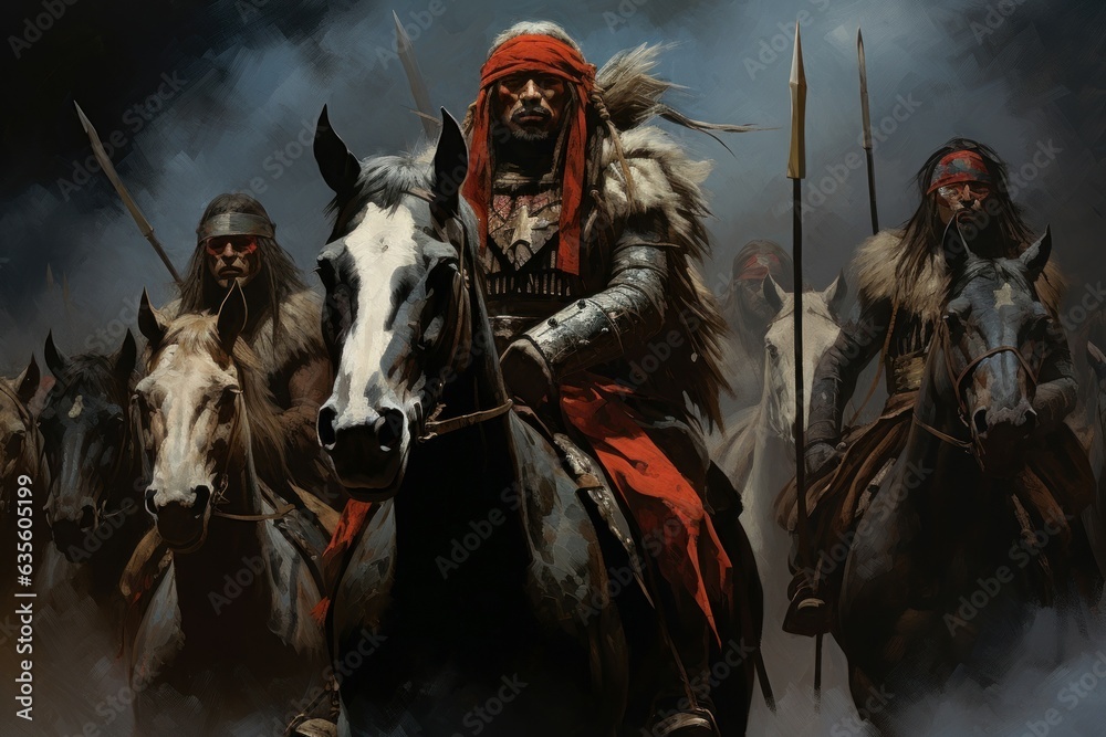 Naklejka premium Strong Army warriors horseback. Generate Ai