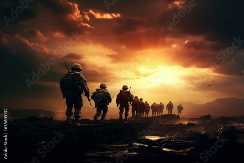 Brave Army during sunset. Generate Ai