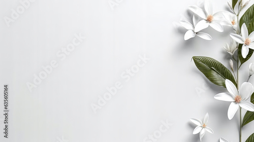 Greeting card template with white flowers on the white background. Top view, side lighting, copy space, minimalism.