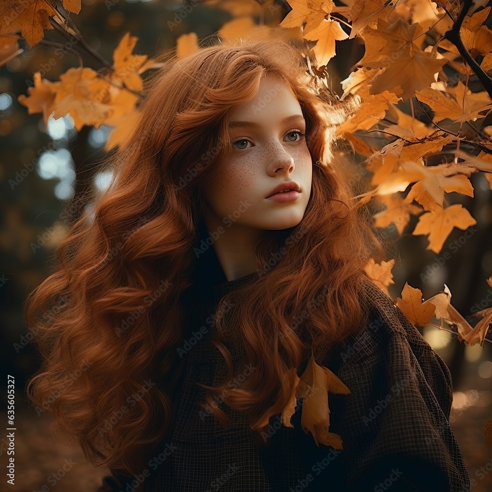 Beautiful girl surrounded by autumn leaves. Generative AI Beautiful girl surrounded by autumn leaves. Generative AI